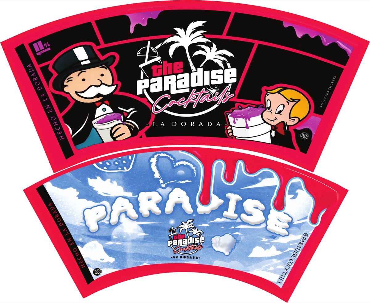 Diseño real de las etiquetas para vasos Paradise Cocktails, con el logo de la marca y el sello de nuestros puntos en Medellín y La Dorada, Caldas, Colombia